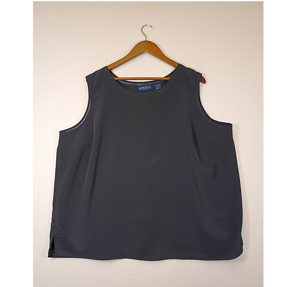 Classic Karen Scott Women 3X Navy Blue Sleeveless Crochet Trim Blouse Top